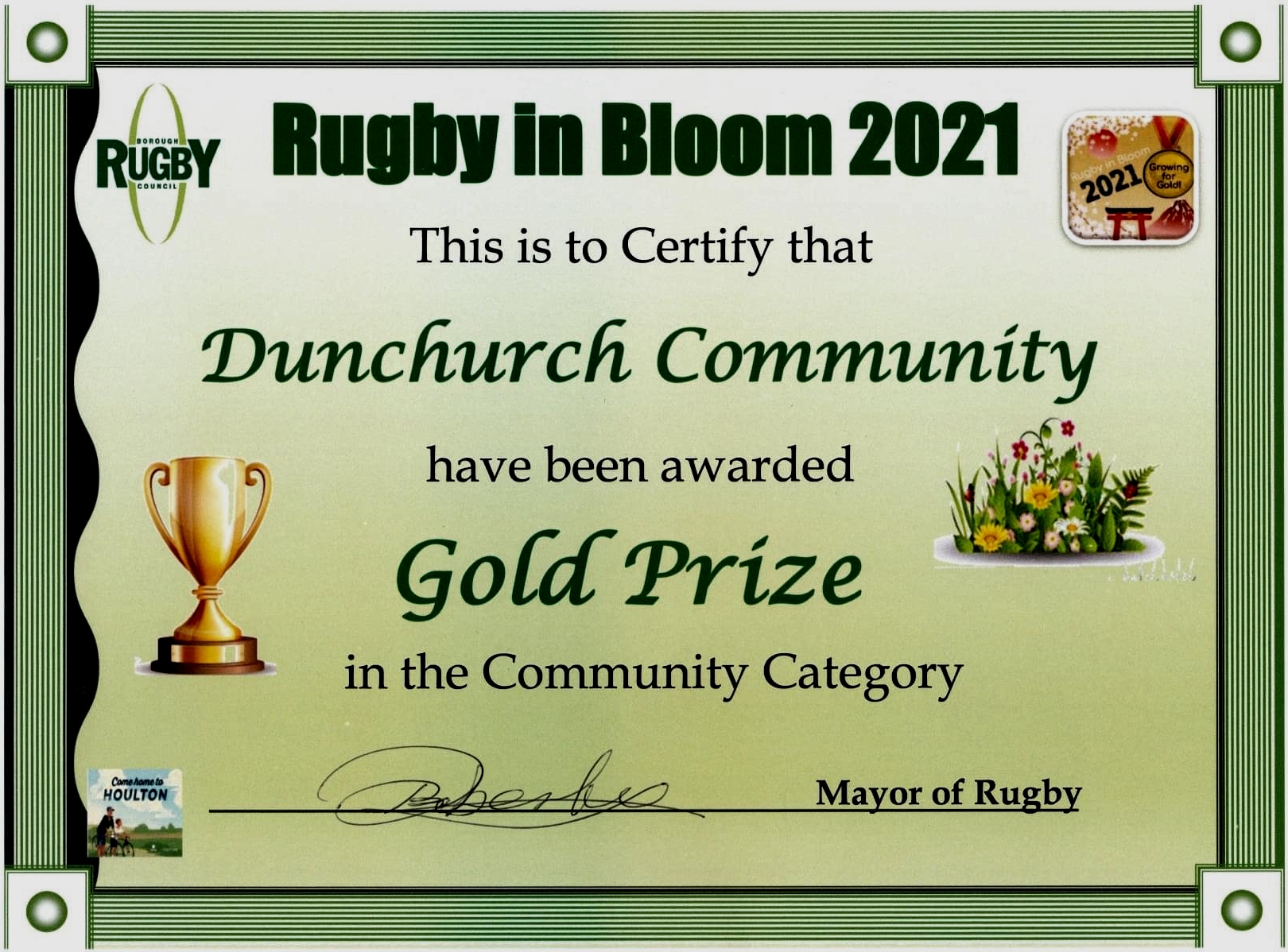 2021 Rugby in Bloom - Gold Award in Community Groups Certificate